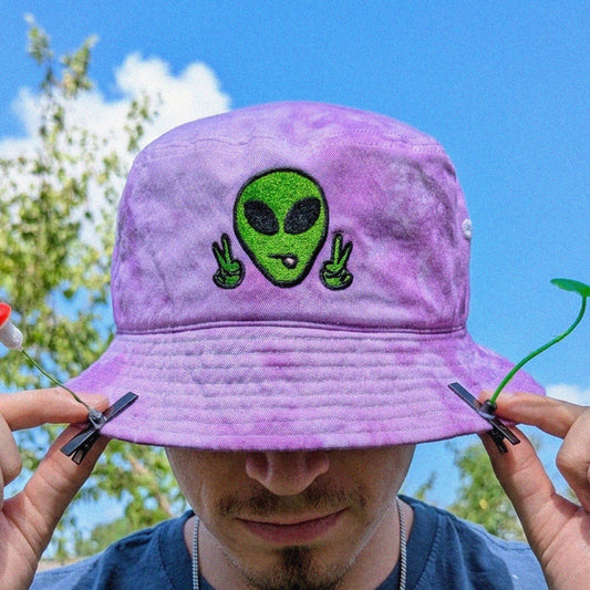 Purple tie dye bucket hat with alien embroidery