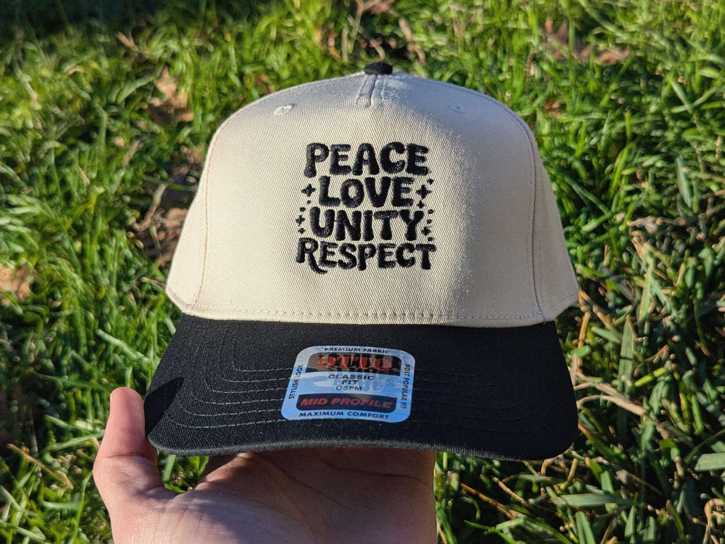 Tan and black peace love unity respect trucker cap PLUR rave festival hat OTTO