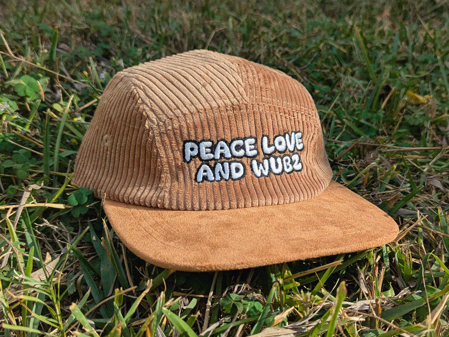 Peace Love and Wubz Embroidered Corduroy Hat - Flat Bill Adjustable Hat - Unisex Rave Hat Festival Hat EDM Outfit Accessory