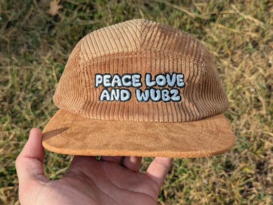 Peace Love and Wubz Embroidered Corduroy Hat - Flat Bill Adjustable Hat - Unisex Rave Hat Festival Hat EDM Outfit Accessory
