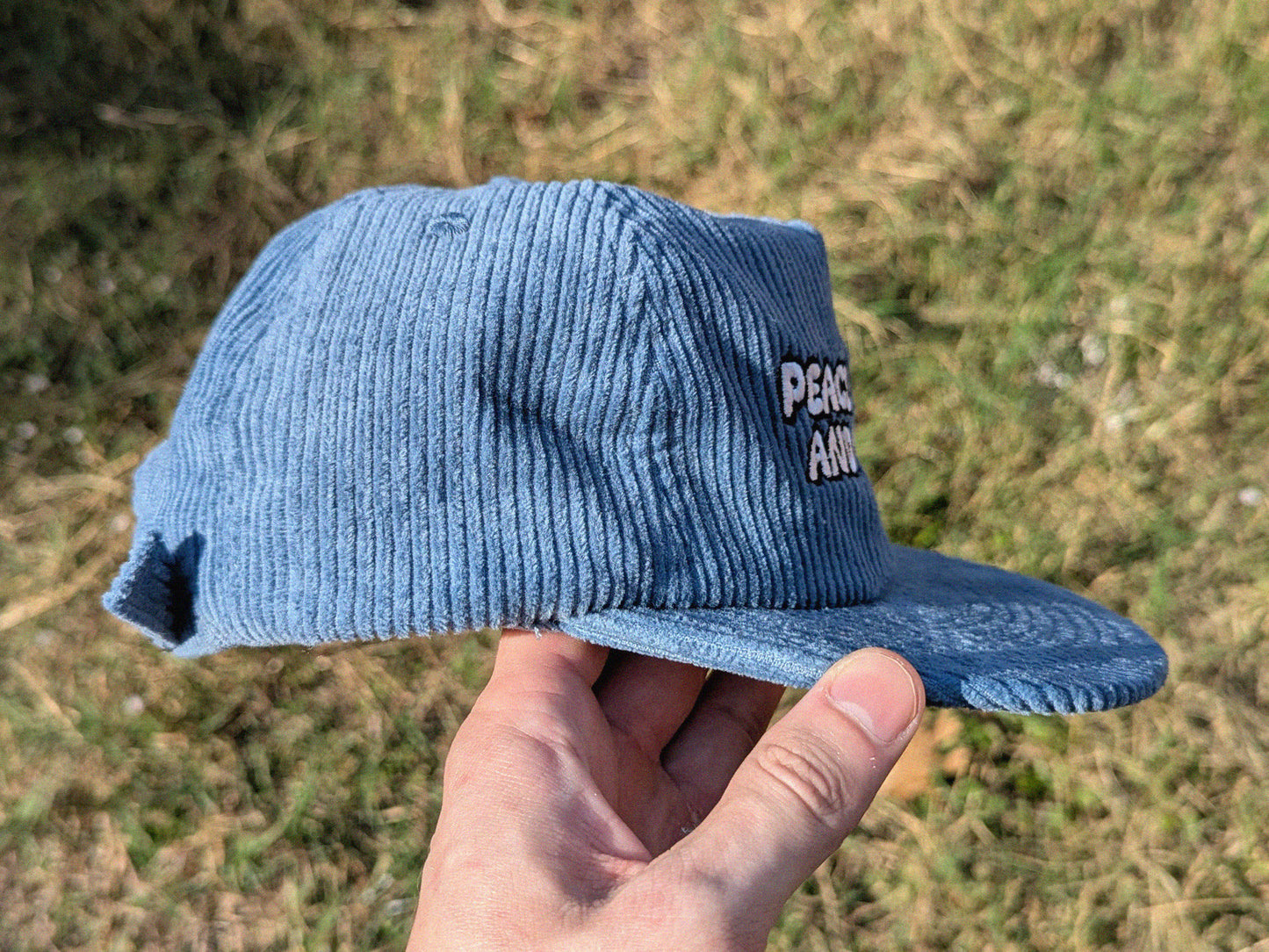 Peace Love and Wubz Embroidered Corduroy Hat - Flat Bill Adjustable Hat - Unisex Rave Hat Festival Hat EDM Outfit Accessory