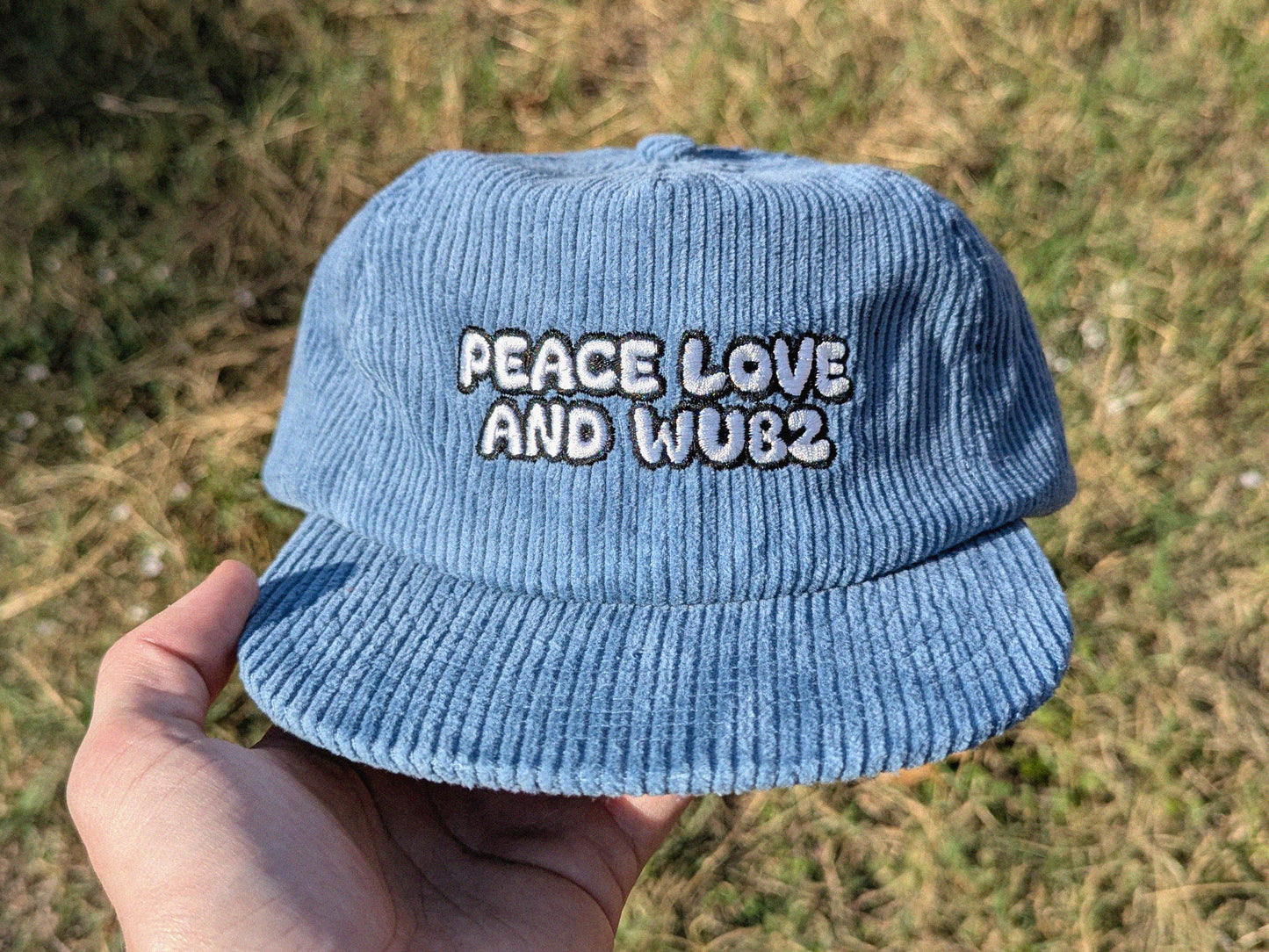 Peace Love and Wubz Embroidered Corduroy Hat - Flat Bill Adjustable Hat - Unisex Rave Hat Festival Hat EDM Outfit Accessory