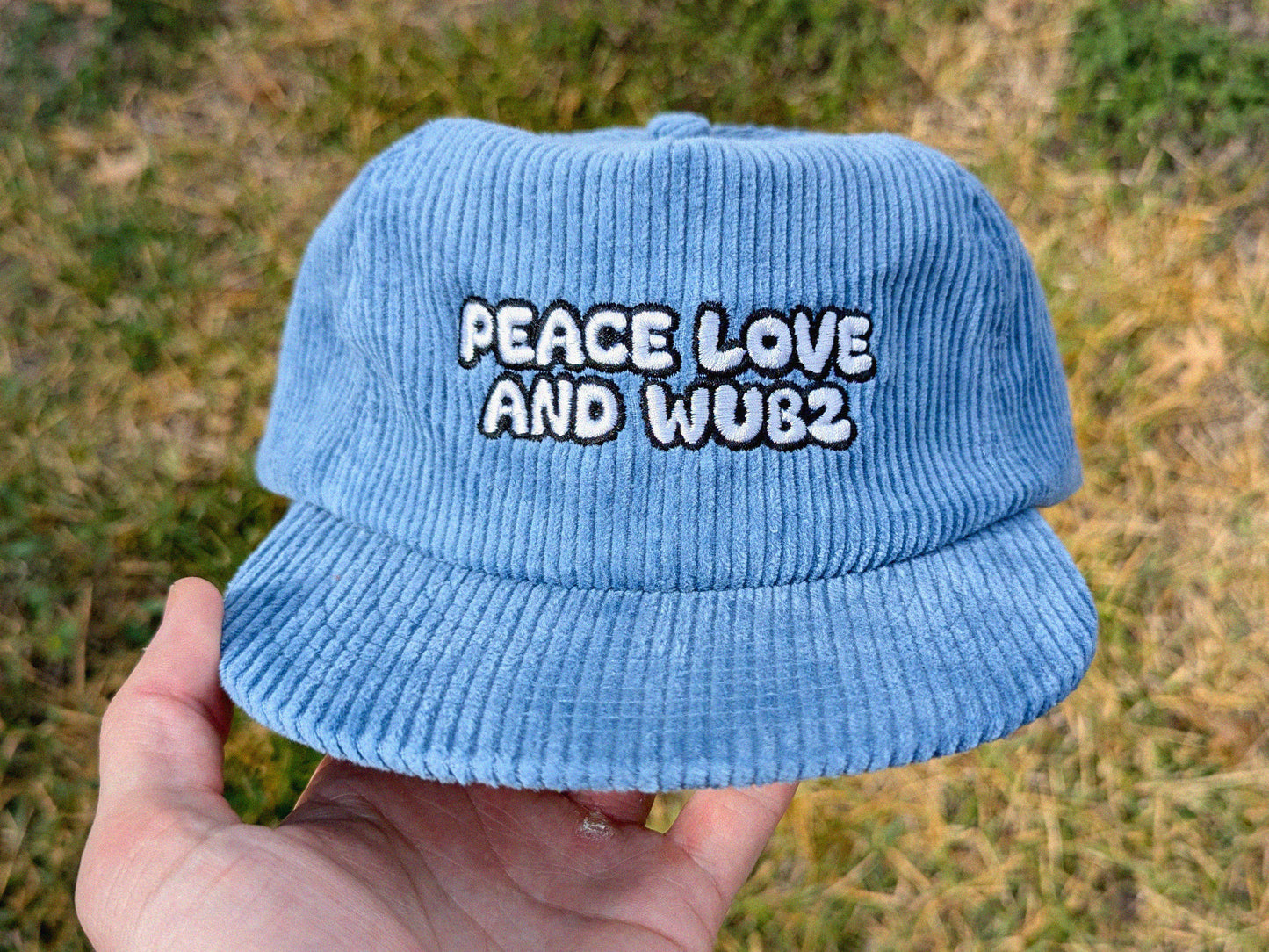 Peace Love and Wubz Embroidered Corduroy Hat - Flat Bill Adjustable Hat - Unisex Rave Hat Festival Hat EDM Outfit Accessory
