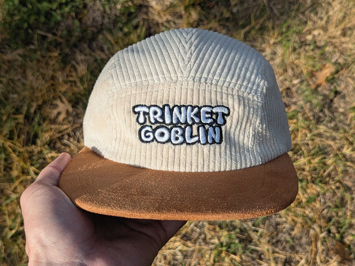 Trinket Goblin Embroidered Corduroy Hat - Flat Bill Adjustable Hat - Unisex Rave Hat Festival Hat EDM Outfit Accessory