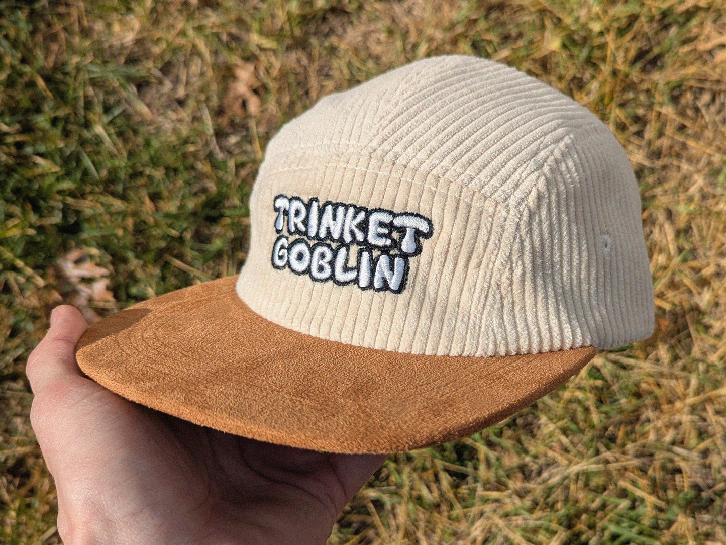 Trinket Goblin Embroidered Corduroy Hat - Flat Bill Adjustable Hat - Unisex Rave Hat Festival Hat EDM Outfit Accessory