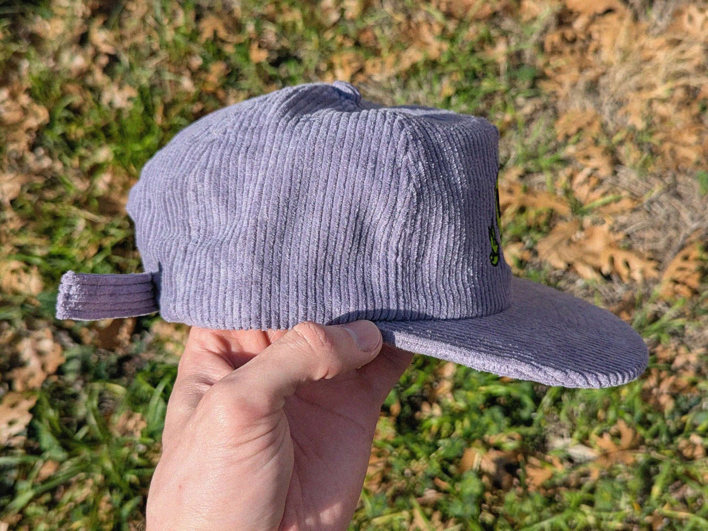 Trippy alien peace corduroy rave cap side view