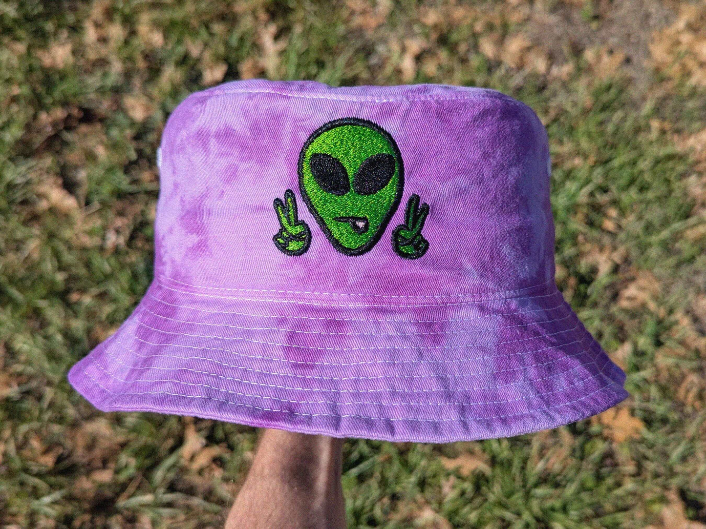 Purple tie dye embroidered bucket hat for raves and music festivals, EDM festival accessory with alien design