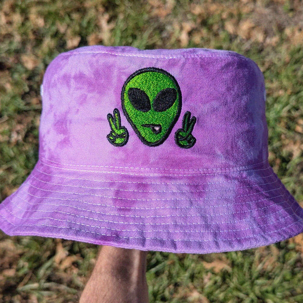 Festival bucket hat with purple tie dye design and alien embroidery