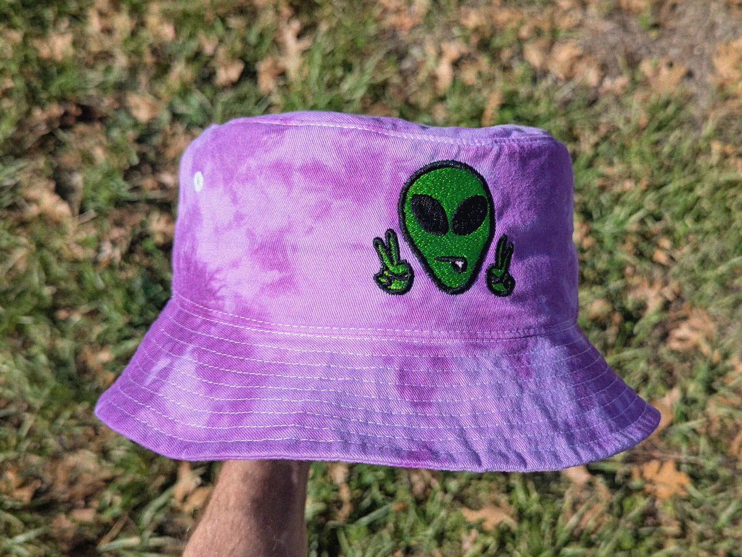 Purple tie-dye alien bucket hat for raves and EDM festivals