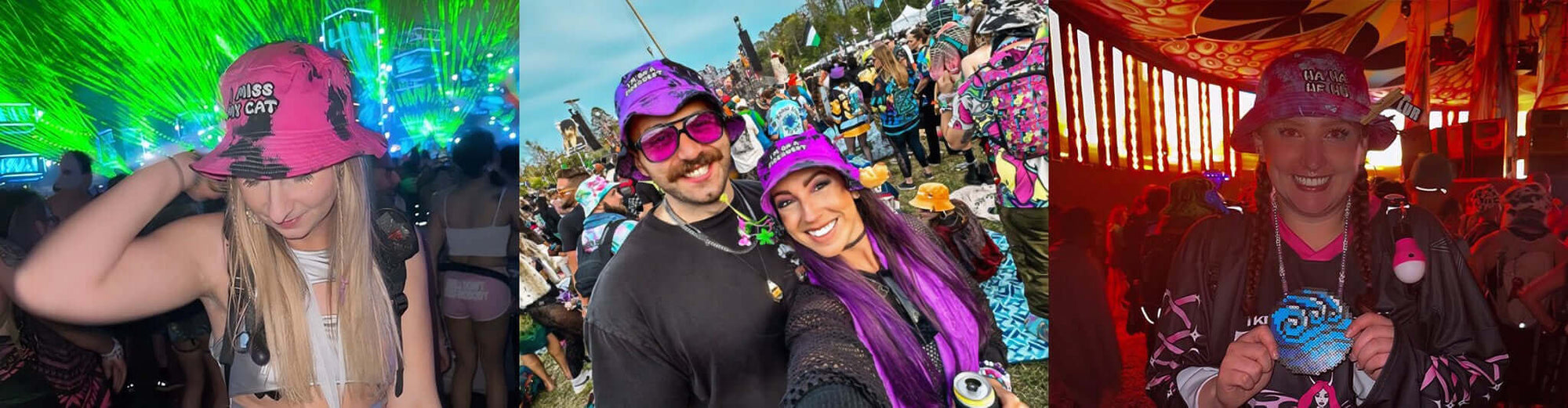 People wearing colorful embroidered bucket hats at an EDM music festival