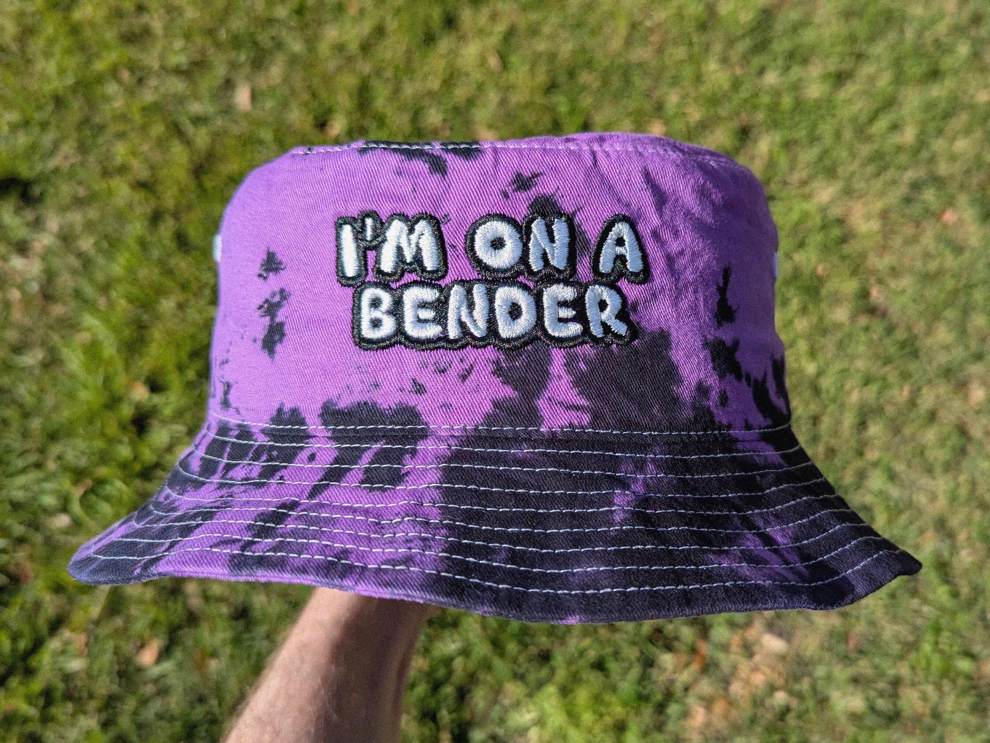 Tie dye rave bucket hat I'm On A Bender festival accessory embroidered EDM hat