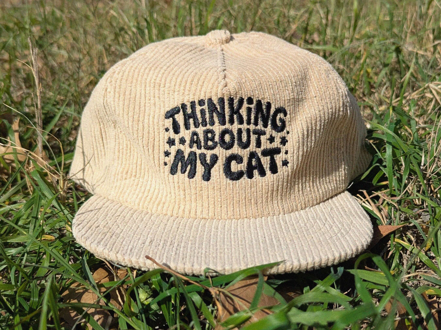 Tan thinking about my cat corduroy cap festival hat