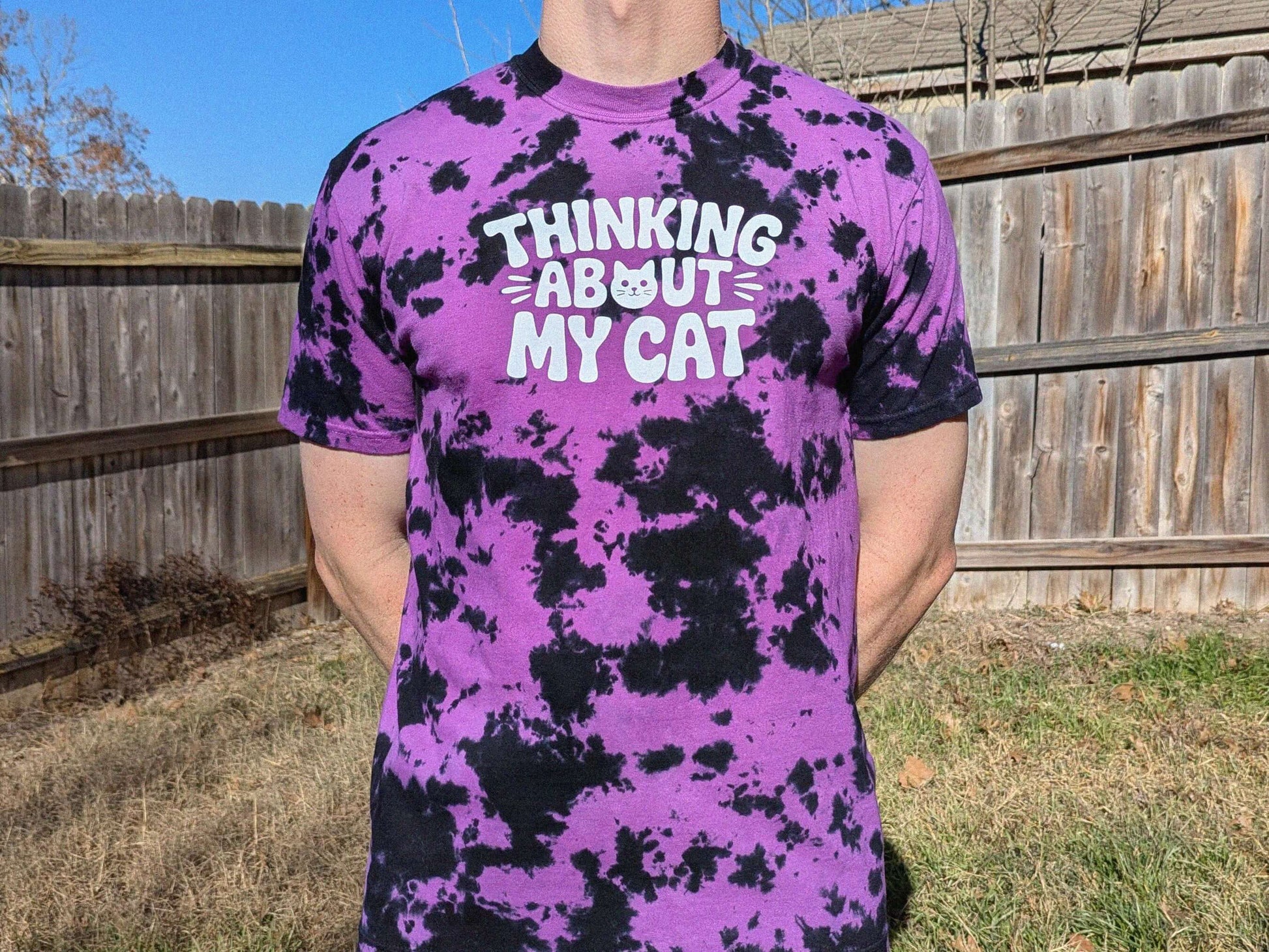 Thinking about my cat rave tee tie dye shirt music festival clothing for cat lovers