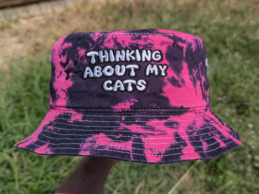Thinking About My Cats - Embroidered Tie Dye Bucket Hat - Rave Accessories Rave Outfit Cat Owner Hat Cat Gift Cute Festival Hat EDM Dubstep