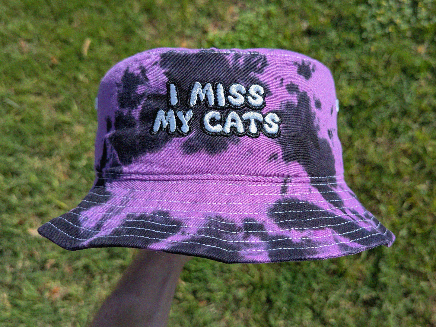 I Miss My Cat/Cats - Embroidered Tie Dye Bucket Hat - Rave Outfit Accessory, Music Festival Gear, Funny EDM Raver Hat, Festival Gift Party Hat