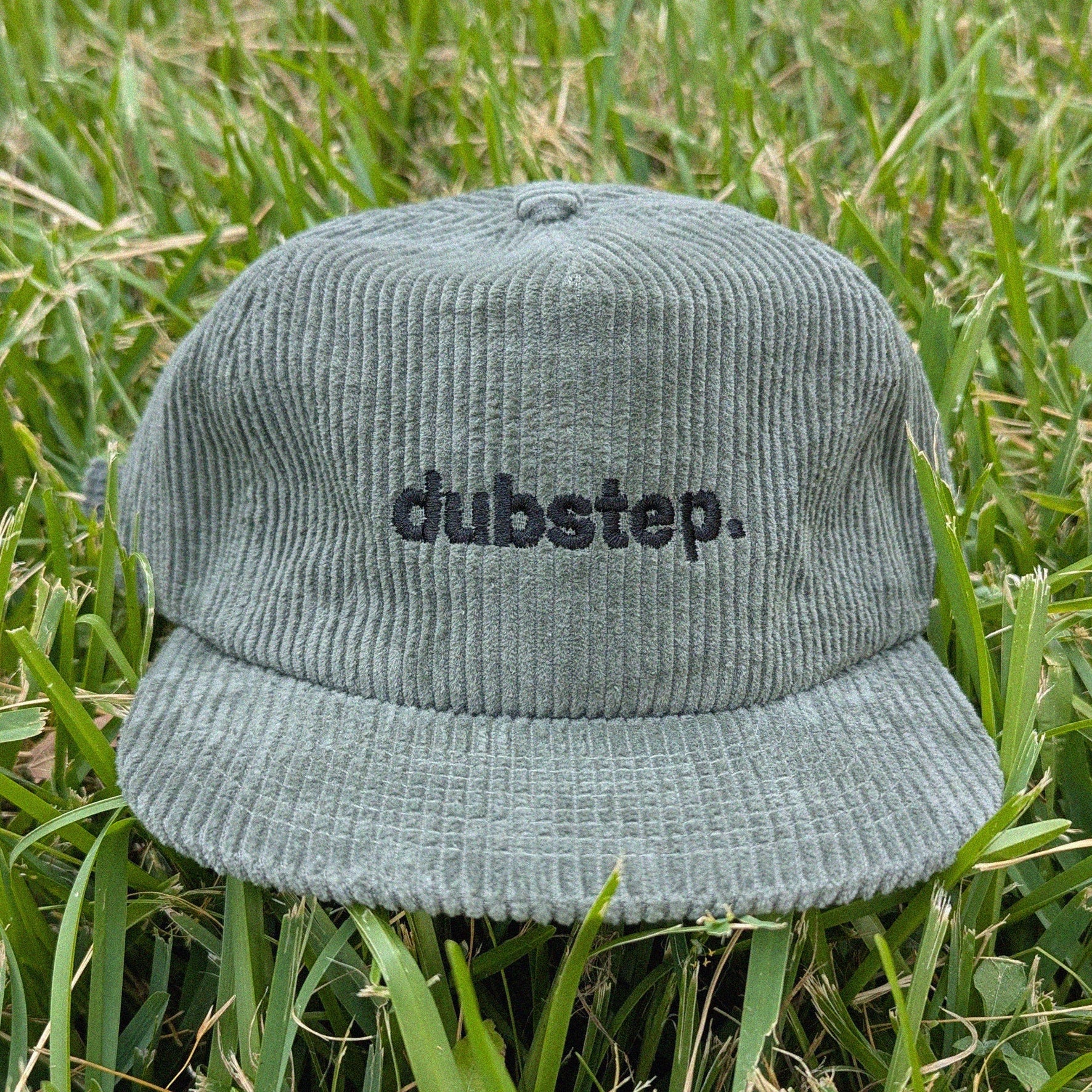 Green corduroy rave cap with 'dubstep.' embroidery