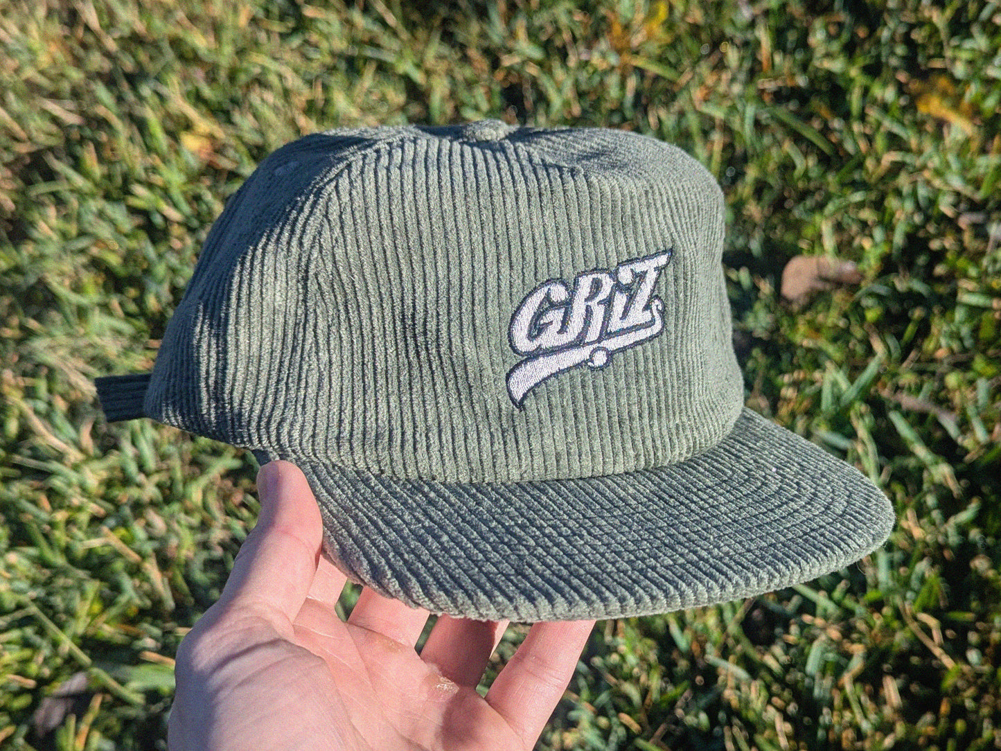 GRIZ Embroidered Corduroy Cap - Flat Bill Adjustable Hat - Unisex Rave Hat Festival Hat EDM Outfit Accessory