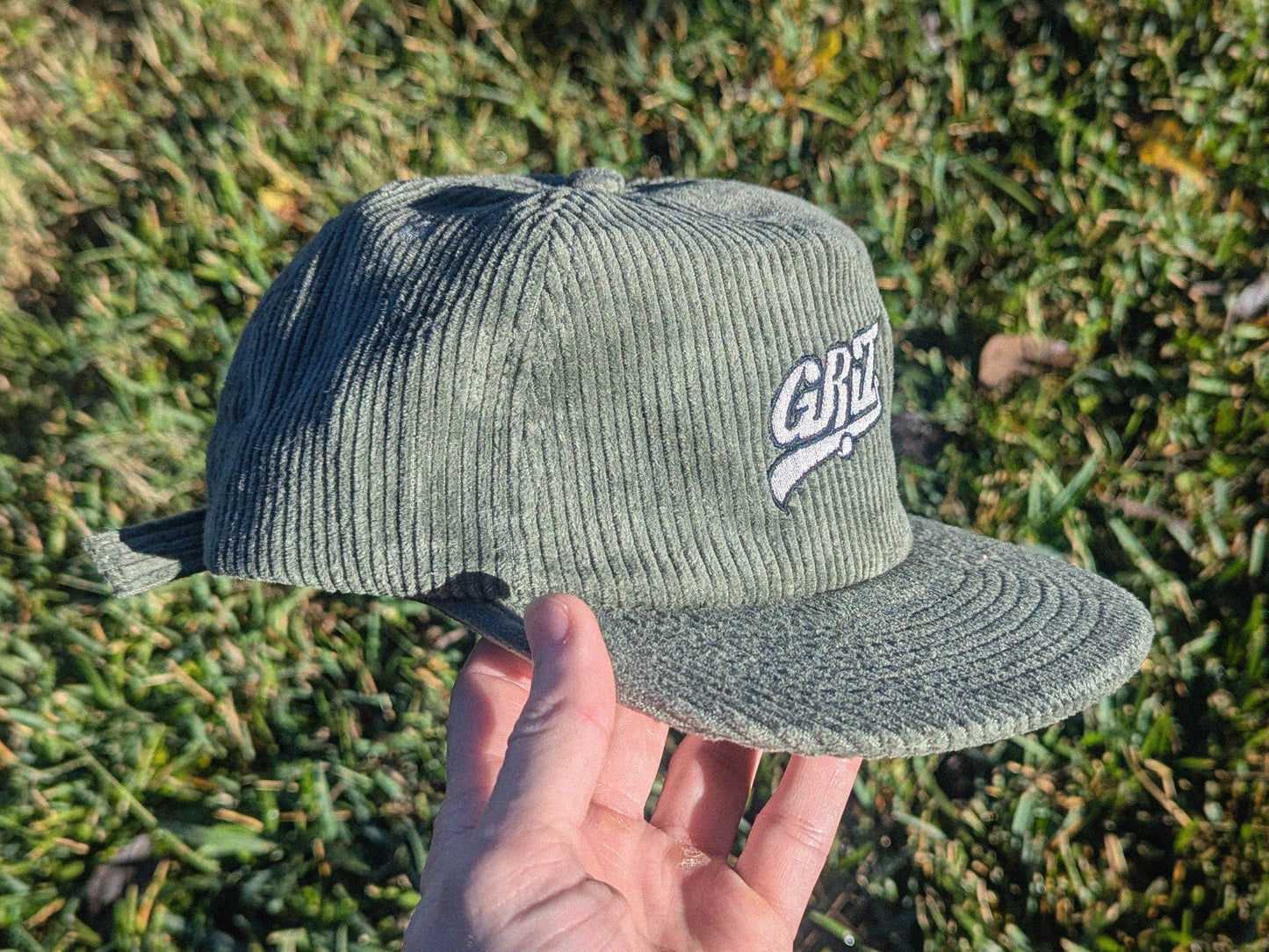 GRIZ Embroidered Corduroy Cap - Flat Bill Adjustable Hat - Unisex Rave Hat Festival Hat EDM Outfit Accessory