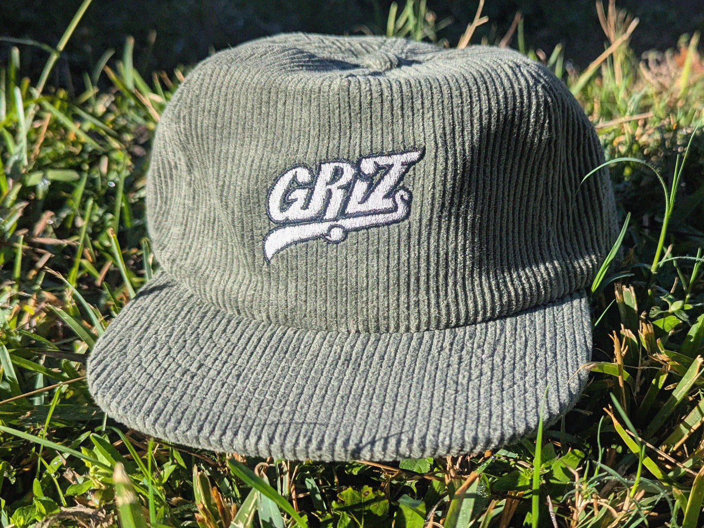 GRIZ Embroidered Corduroy Cap - Flat Bill Adjustable Hat - Unisex Rave Hat Festival Hat EDM Outfit Accessory
