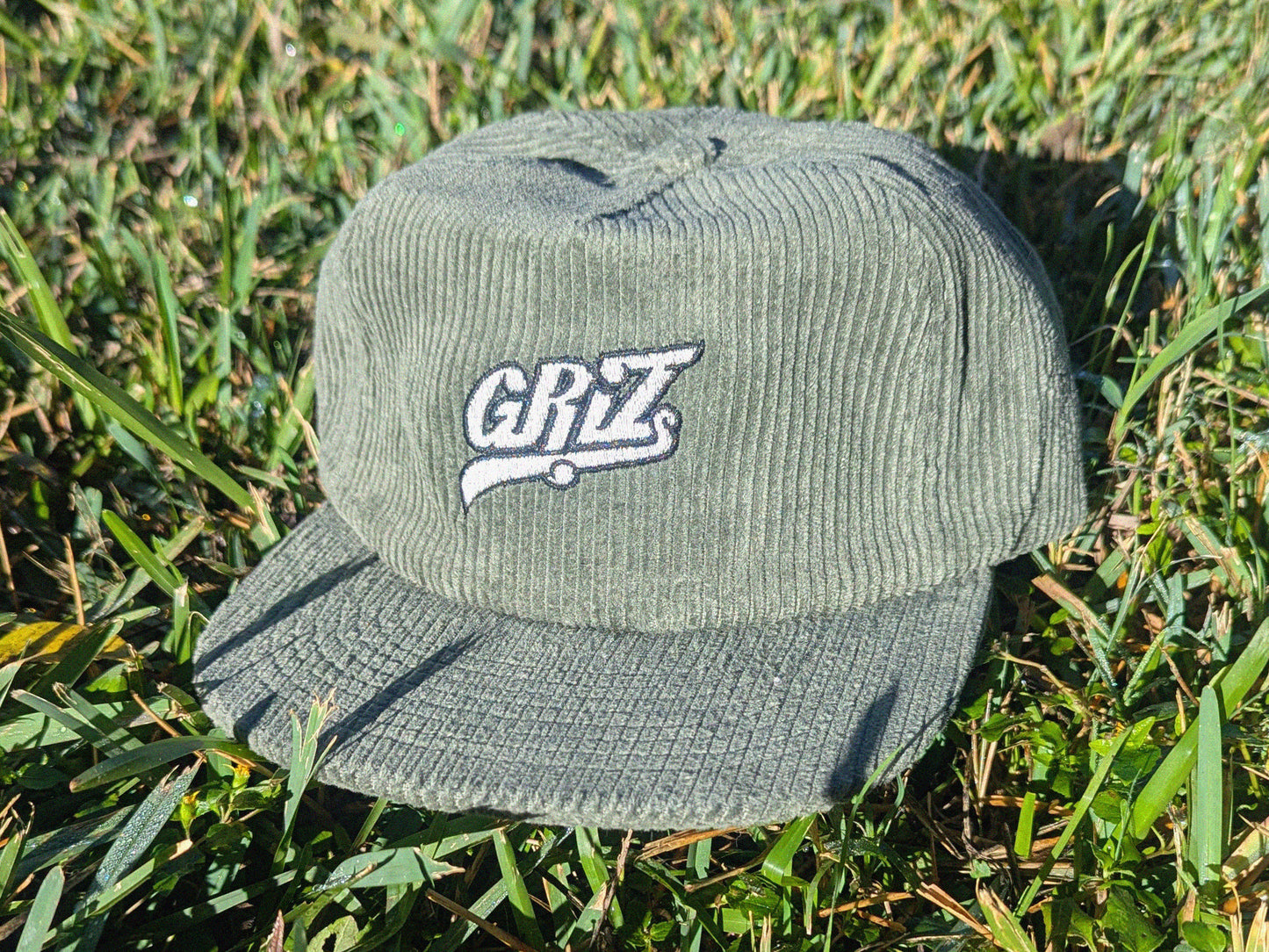 GRIZ Embroidered Corduroy Cap - Flat Bill Adjustable Hat - Unisex Rave Hat Festival Hat EDM Outfit Accessory
