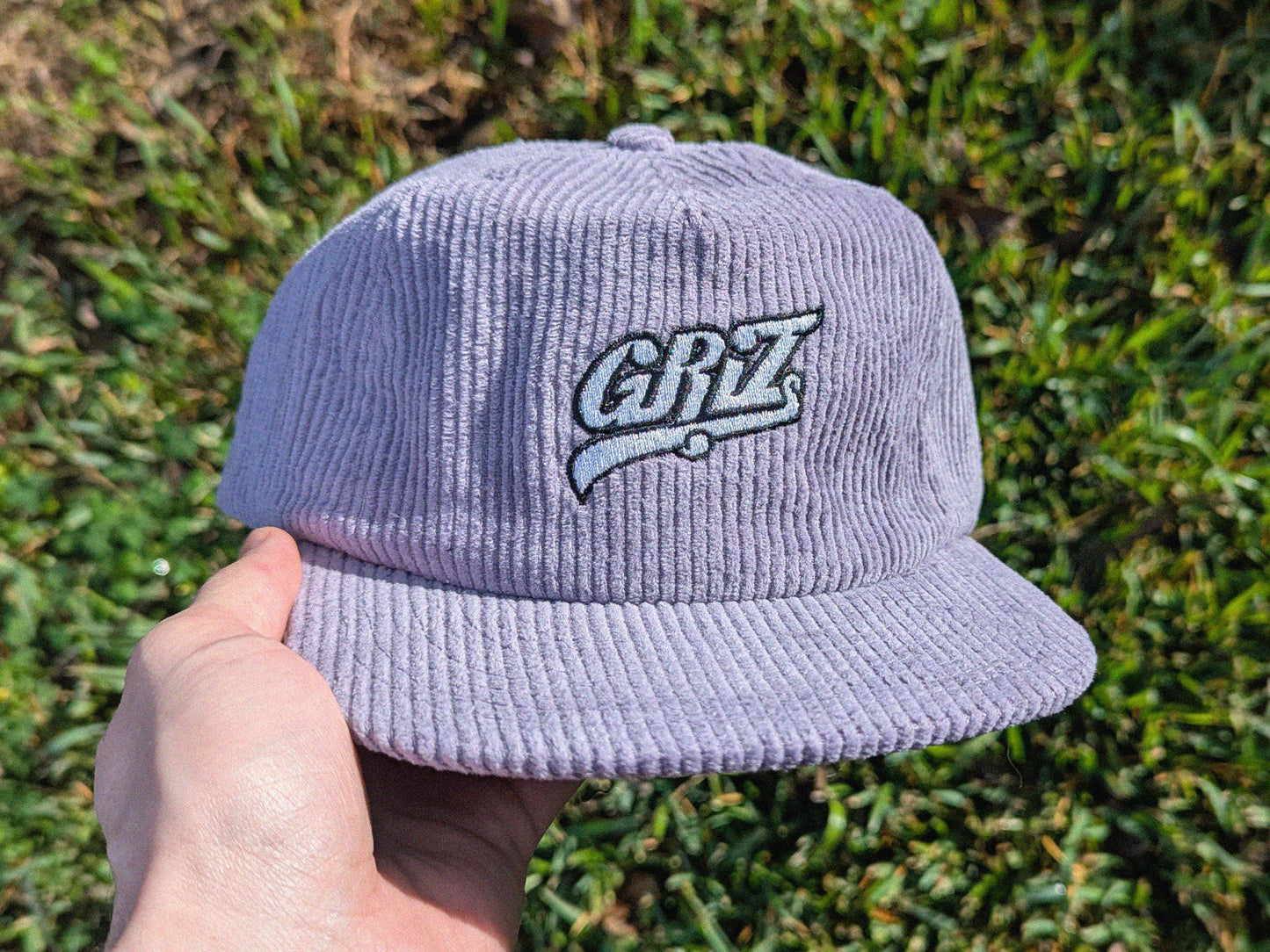 GRIZ Embroidered Corduroy Cap - Flat Bill Adjustable Hat - Unisex Rave Hat Festival Hat EDM Outfit Accessory