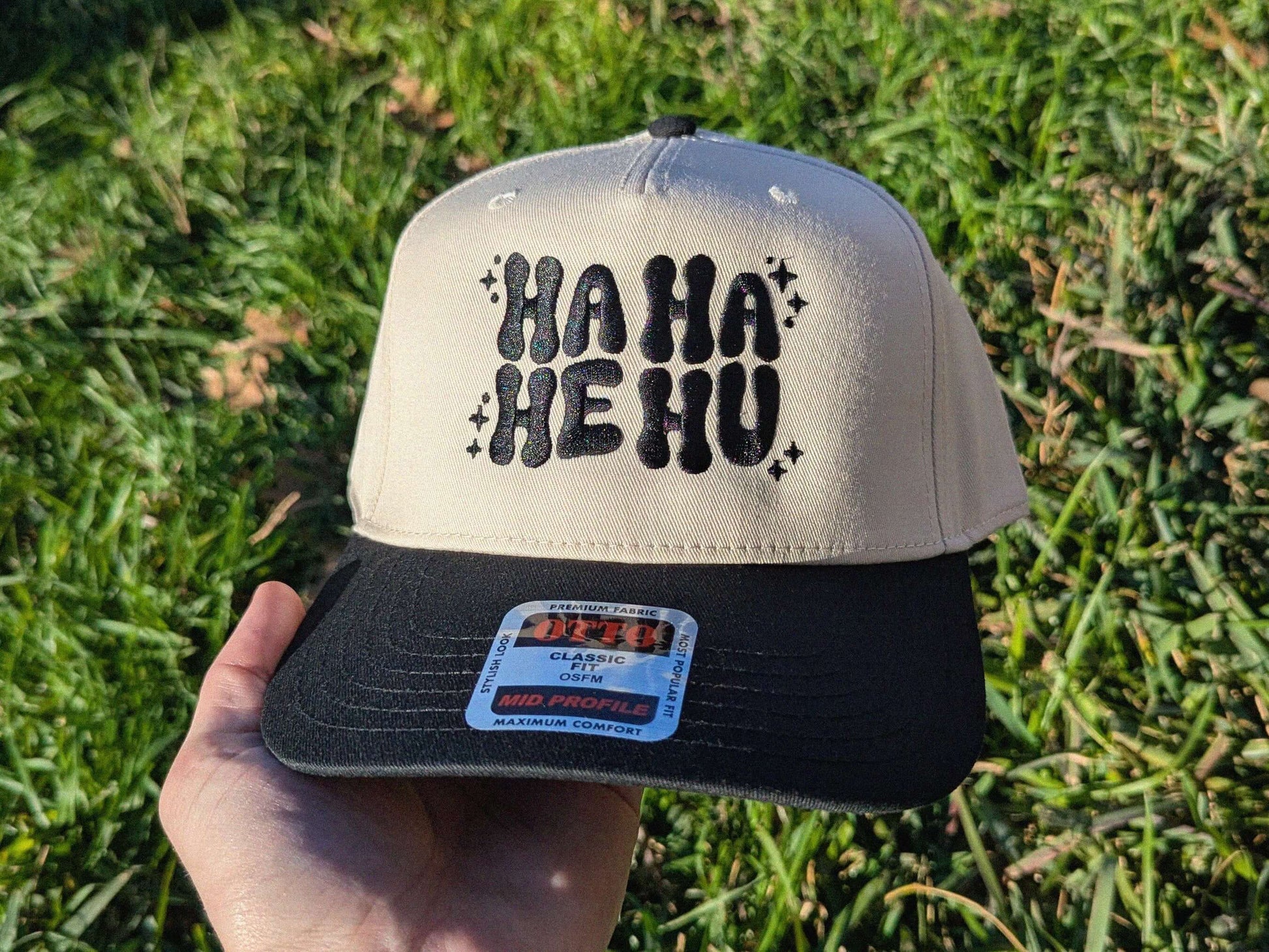 Tan and black ha ha he hu trucker cap rave festival hat OTTO