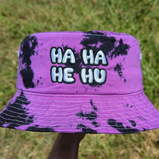 tie dye rave bucket hat with 'ha ha he hu' embroidery
