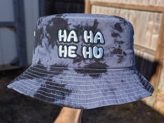 Ha Ha He Hu - Embroidered Tie Dye Bucket Hat - Rave Outfit Accessory, Music Festival Gear, Funny EDM Raver Hat, Festival Gift Party Hat