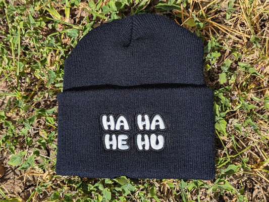 HaHaHeHu Embroidered Beanie Hat - Rave Festival Wear EDM Plur Wook Hat - Riddim Bass Music Dubstep Headwear Gift for Ravers