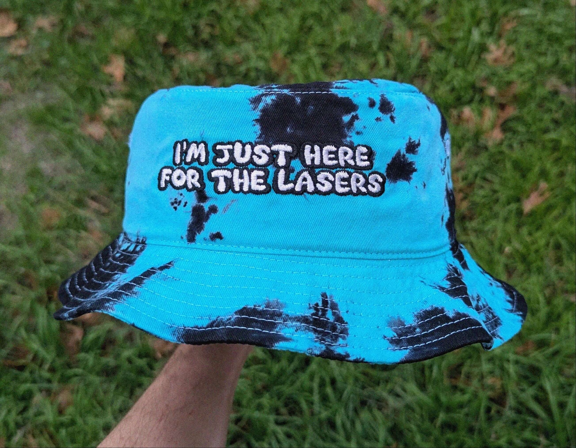 Teal and black tie dye bucket hat I'm Just Here For the Lasers embroidered rave festival headwear