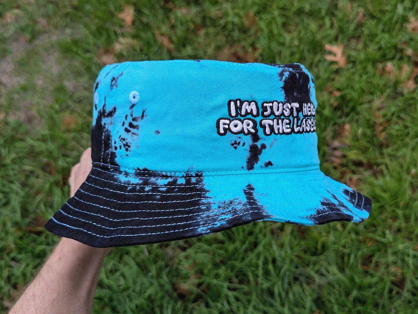 Tie dye festival bucket hat I'm Just Here For the Lasers rave accessory embroidered EDM hat