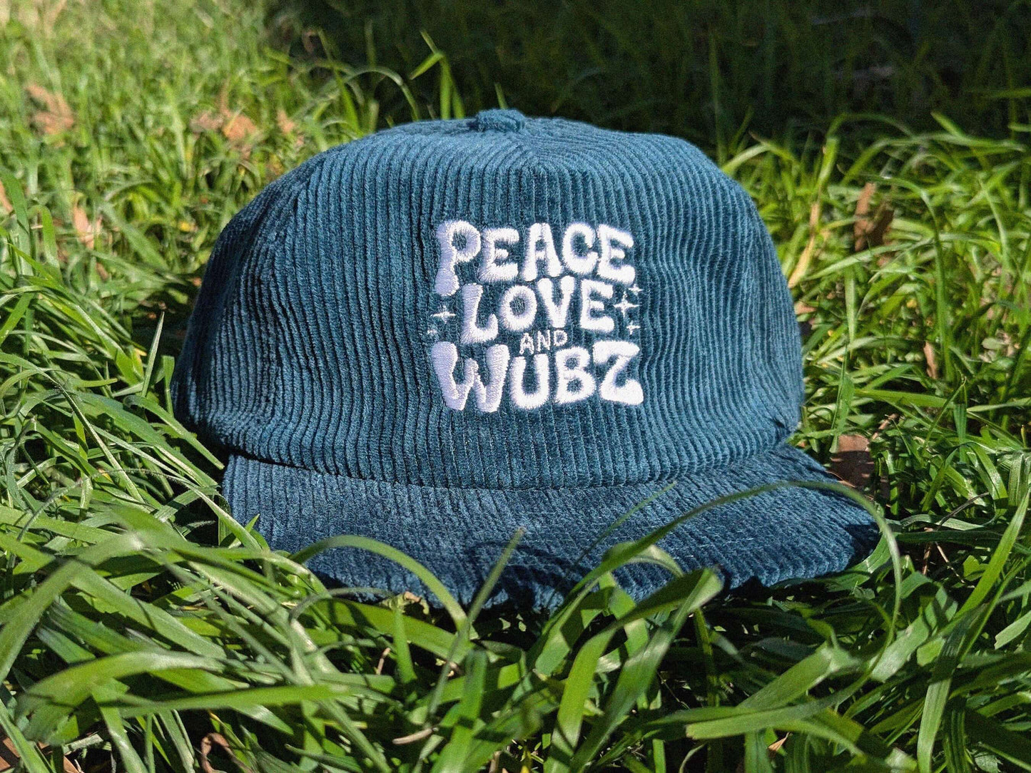 Teal peace love and wubz corduroy cap rave hat