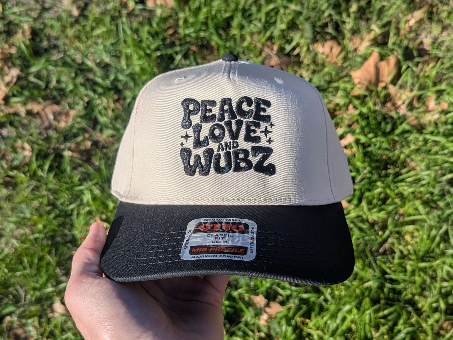 Tan and black peace love and wubz trucker cap rave festival hat OTTO