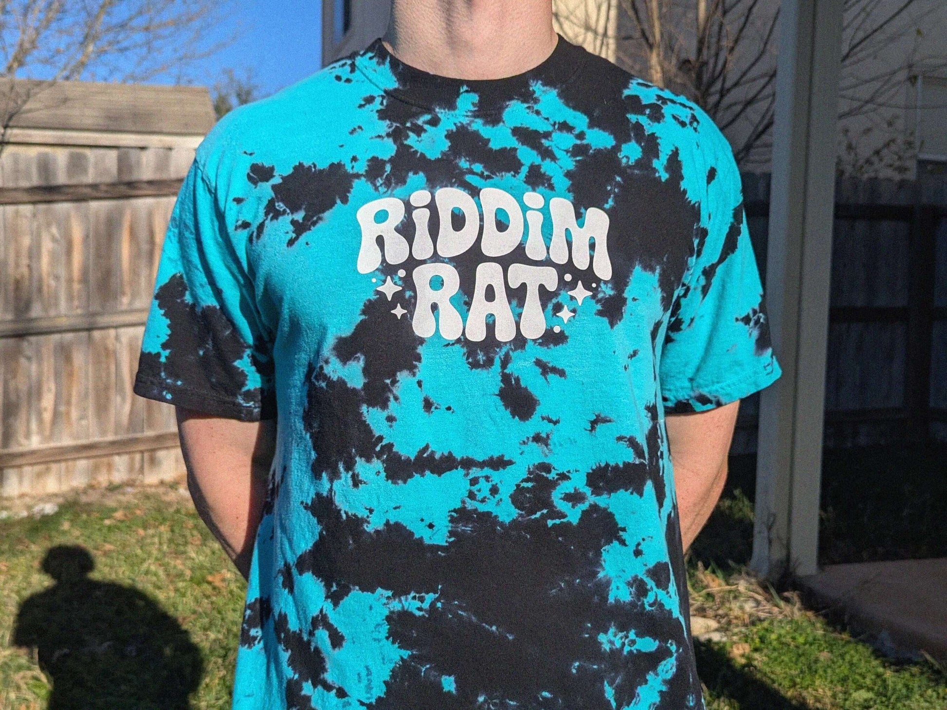 Teal and black tie dye riddim rat rave shirt festival tee bass music apparel