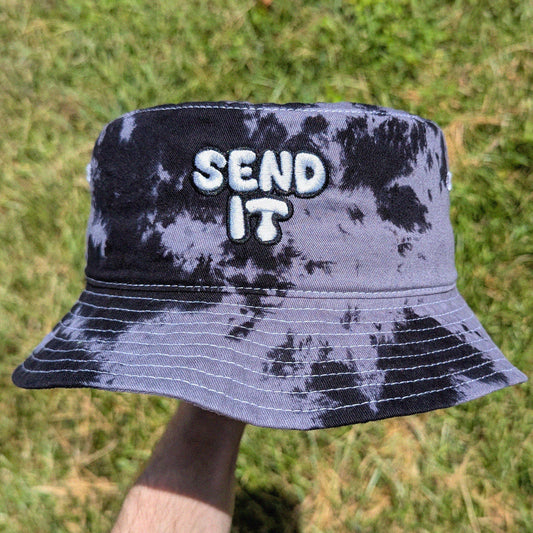 tie dye festival bucket hat with 'Send It' embroidery