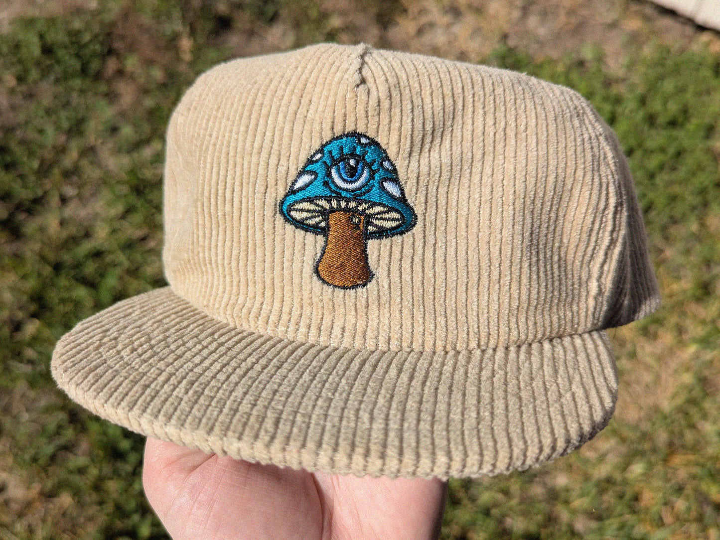 Mushroom Embroidered Corduroy Hat - Flat Bill Adjustable Hat - Unisex Rave Hat Festival Hat Rave Outfit EDM Outfit Accessory