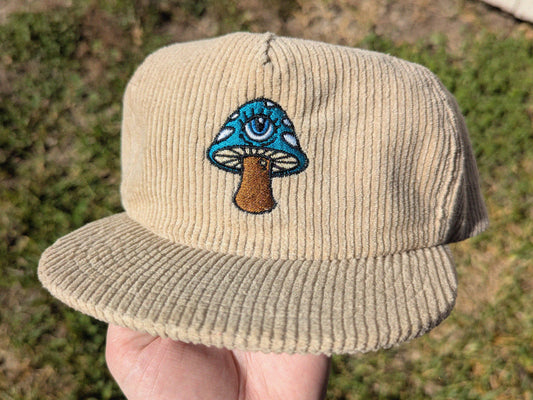 Mushroom Embroidered Corduroy Hat - Flat Bill Adjustable Hat - Unisex Rave Hat Festival Hat Rave Outfit EDM Outfit Accessory
