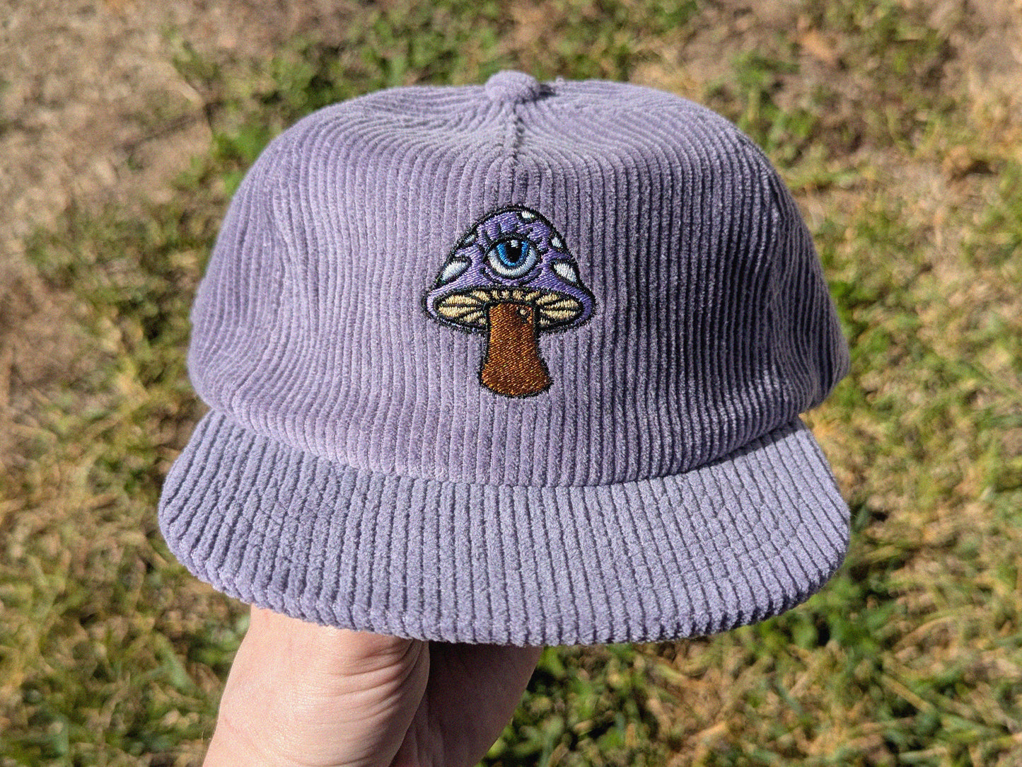 Mushroom Embroidered Corduroy Hat - Flat Bill Adjustable Hat - Unisex Rave Hat Festival Hat Rave Outfit EDM Outfit Accessory