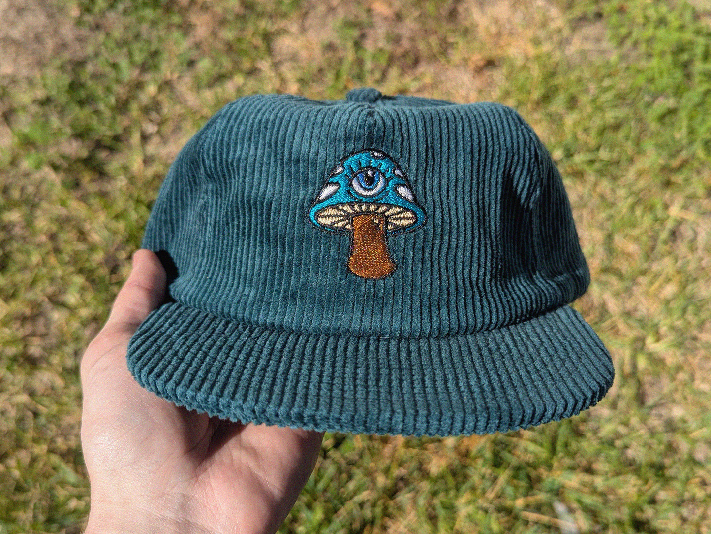 Mushroom Embroidered Corduroy Hat - Flat Bill Adjustable Hat - Unisex Rave Hat Festival Hat Rave Outfit EDM Outfit Accessory