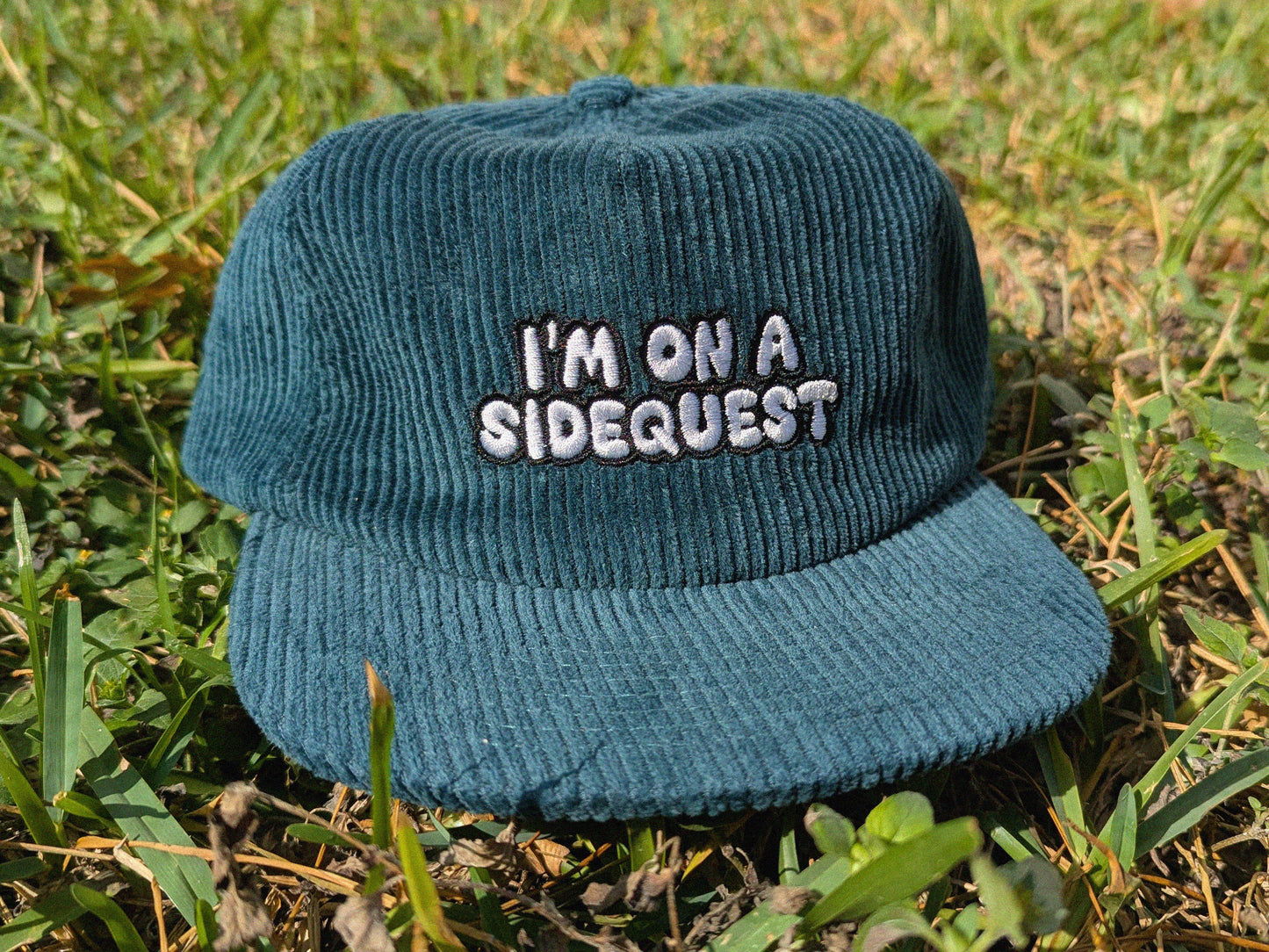 I'm On A Sidequest Embroidered Corduroy Hat - Flat Bill Adjustable Hat - Unisex Rave Hat Festival Hat EDM Outfit Accessory