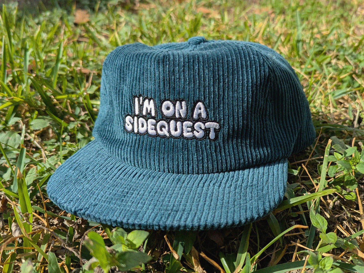 I'm On A Sidequest Embroidered Corduroy Hat - Flat Bill Adjustable Hat - Unisex Rave Hat Festival Hat EDM Outfit Accessory