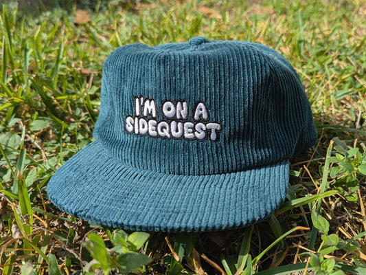 I'm On A Sidequest Embroidered Corduroy Hat - Flat Bill Adjustable Hat - Unisex Rave Hat Festival Hat EDM Outfit Accessory