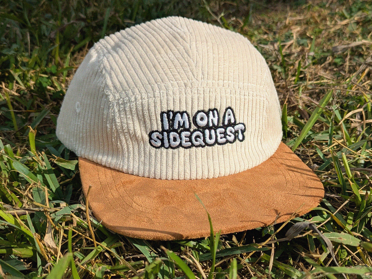 I'm On A Sidequest Embroidered Corduroy Hat - Flat Bill Adjustable Hat - Unisex Rave Hat Festival Hat EDM Outfit Accessory