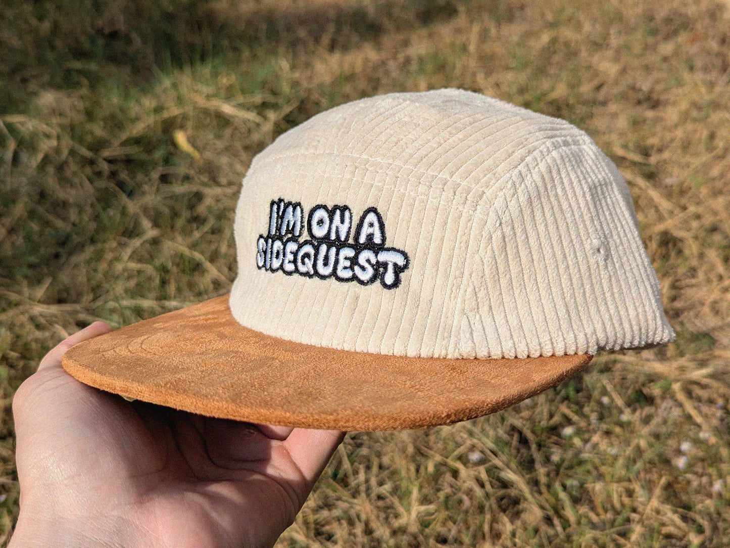 I'm On A Sidequest Embroidered Corduroy Hat - Flat Bill Adjustable Hat - Unisex Rave Hat Festival Hat EDM Outfit Accessory