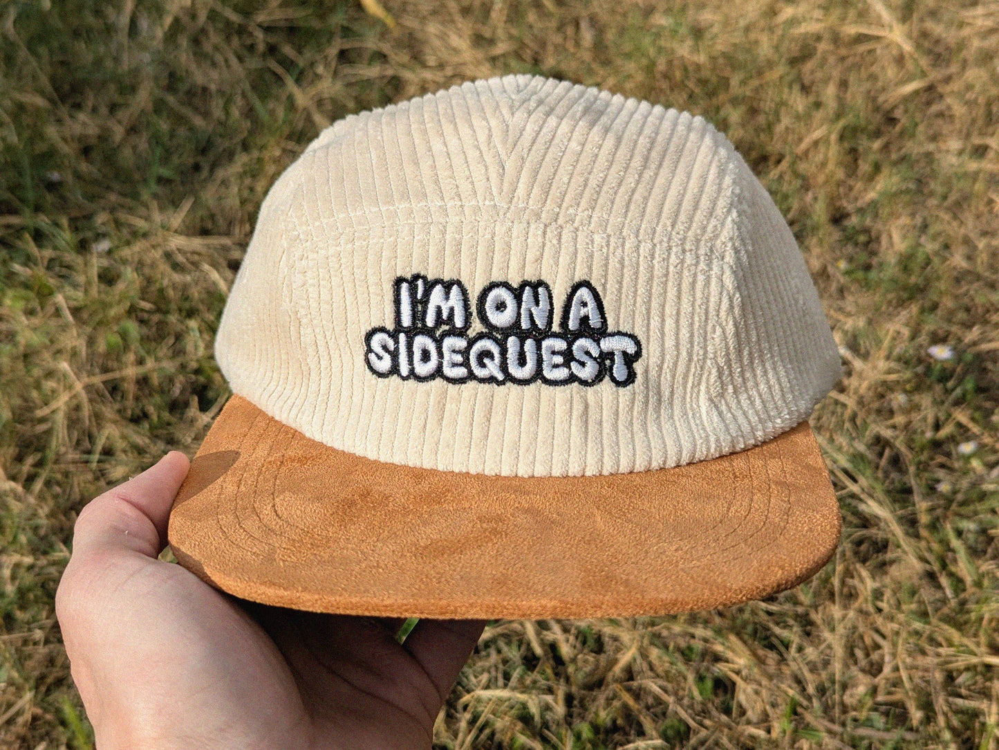 I'm On A Sidequest Embroidered Corduroy Hat - Flat Bill Adjustable Hat - Unisex Rave Hat Festival Hat EDM Outfit Accessory