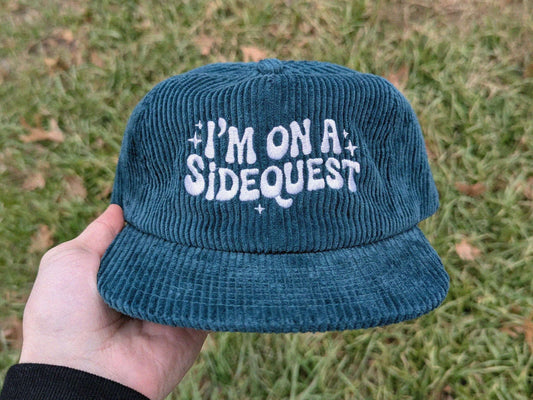 Teal I'm on a sidequest corduroy cap rave hat, music festival accessories