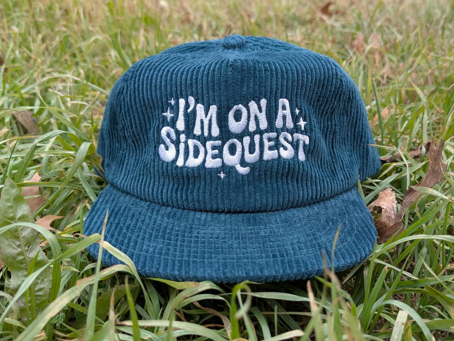 Teal corduroy cap with 'I'm on a Sidequest' EDM rave hat