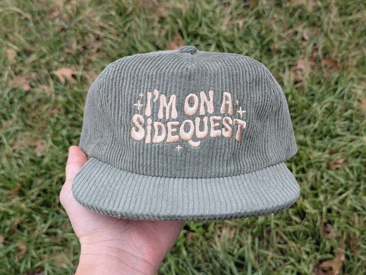 Green corduroy cap with 'I'm on a sidequest' Gaming sidequest embroidered festival cap