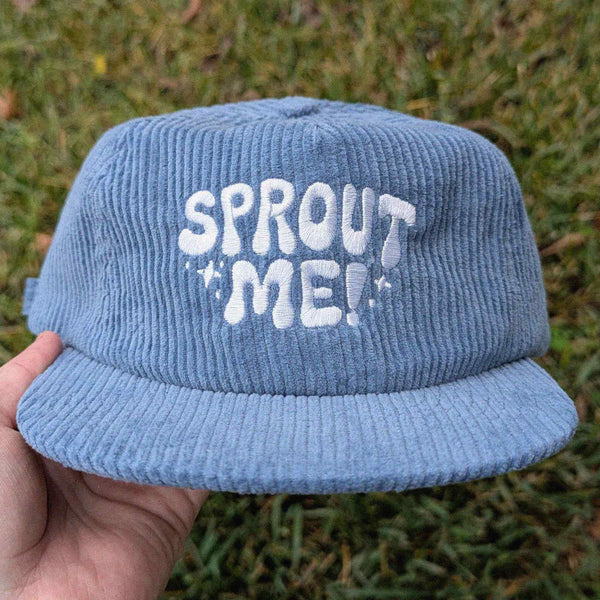 Blue rave corduroy cap with 'Sprout Me!' embroidery
