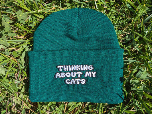 Thinking About My Cats Embroidered Beanie - Funny Cat Lover Hat Cute Winter Cap - Cat Mom Cat Dad Gift Crazy Cat Lady Headwear Pet Owner Hat